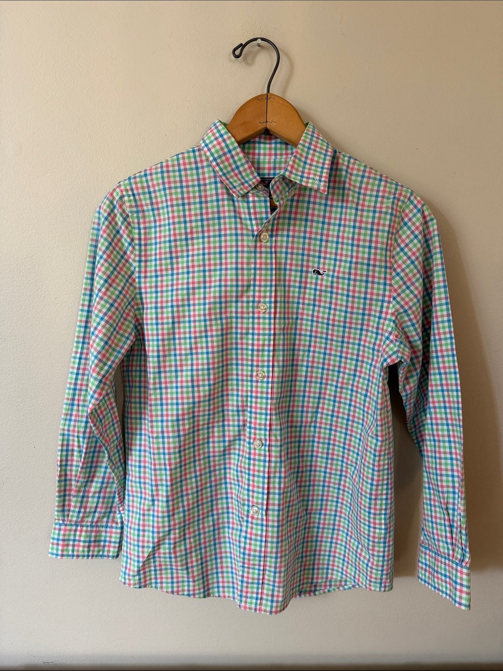 Vineyard Vines Pink Blue Green Plaid Button-Down Shirt Boys Size S 8-10